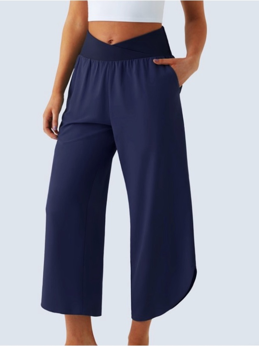 HALARA Navy Cropped Semi Wide-Leg Pull-On Pants Yoga Gym Granola Boho Outdoor